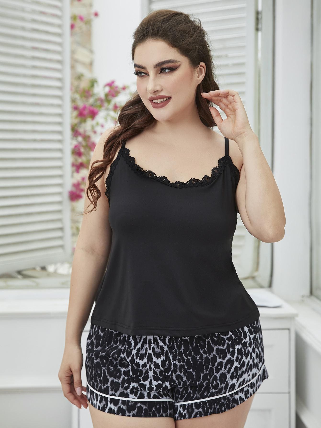 Plus Size Lace Trim Scoop Neck Cami and Printed Shorts Pajama Set by Trendsi | Fleurcouture