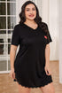 Plus Size Lace Trim V-Neck Short Sleeve Night Dress Black 0XL by Trendsi | Fleurcouture