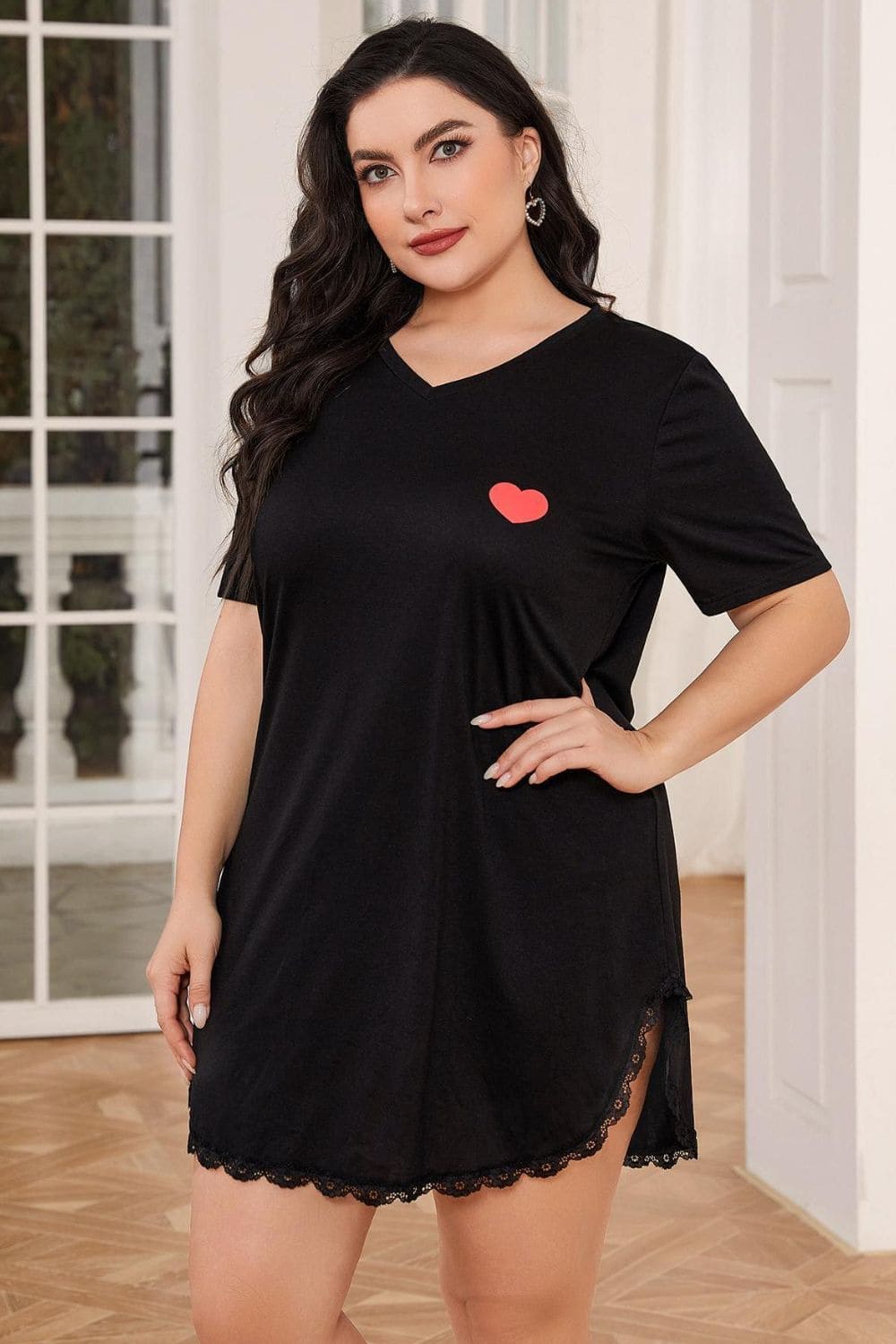 Plus Size Lace Trim V-Neck Short Sleeve Night Dress Black by Trendsi | Fleurcouture