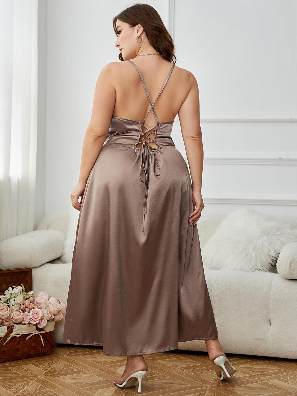 Plus Size Lace-Up Spaghetti Strap Split Night Dress Brown Plus Size by Trendsi | Fleurcouture