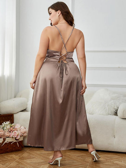 Plus Size Lace-Up Spaghetti Strap Split Night Dress Brown Plus Size by Trendsi | Fleurcouture