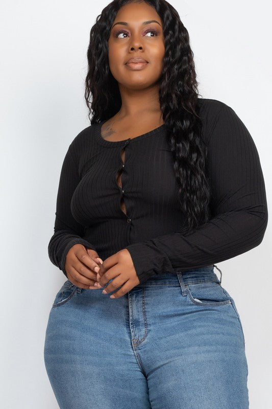 Plus Size Long Sleeve Snap Button Down Crop Top Black 1XL Plus Size/Plus Size Tops/Plus Size Long Sleeve Tops by Capella | Fleurcouture