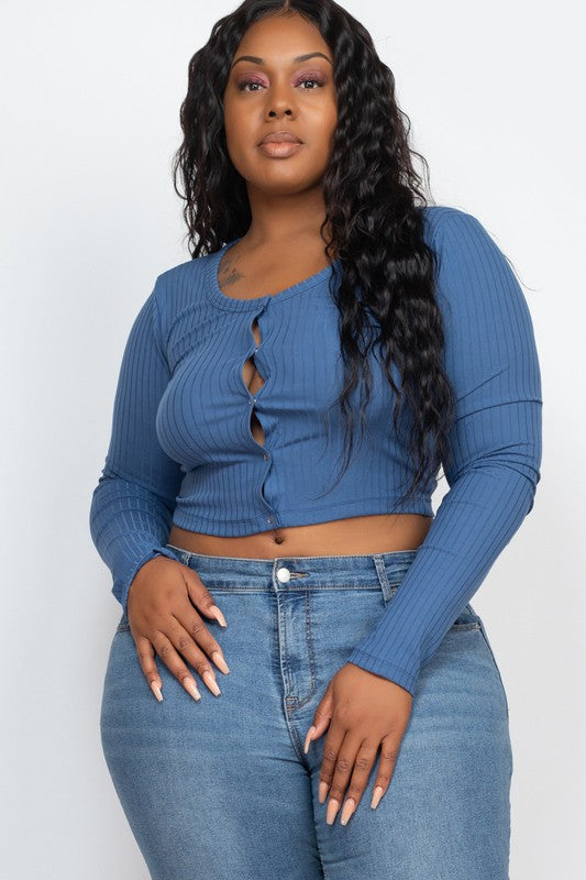 Plus Size Long Sleeve Snap Button Down Crop Top Blue haze 1XL Plus Size/Plus Size Tops/Plus Size Long Sleeve Tops by Capella | Fleurcouture