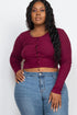 Plus Size Long Sleeve Snap Button Down Crop Top Burgundy 1XL Plus Size/Plus Size Tops/Plus Size Long Sleeve Tops by Capella | Fleurcouture