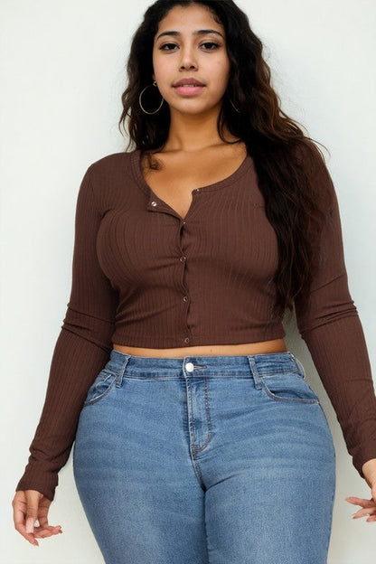 Plus Size Long Sleeve Snap Button Down Crop Top Coffee 1XL Plus Size/Plus Size Tops/Plus Size Long Sleeve Tops by Capella | Fleurcouture