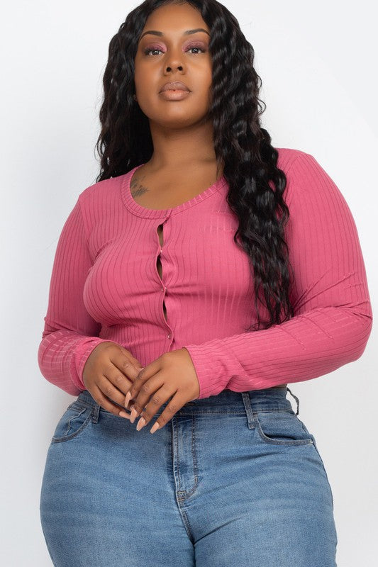 Plus Size Long Sleeve Snap Button Down Crop Top Dark Mauve 1XL Plus Size/Plus Size Tops/Plus Size Long Sleeve Tops by Capella | Fleurcouture