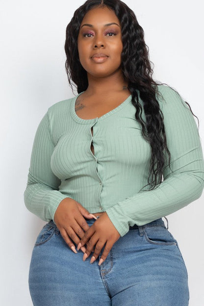 Plus Size Long Sleeve Snap Button Down Crop Top Green Bay 1XL Plus Size/Plus Size Tops/Plus Size Long Sleeve Tops by Capella | Fleurcouture