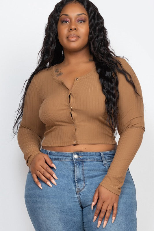 Plus Size Long Sleeve Snap Button Down Crop Top Mocha 1XL Plus Size/Plus Size Tops/Plus Size Long Sleeve Tops by Capella | Fleurcouture