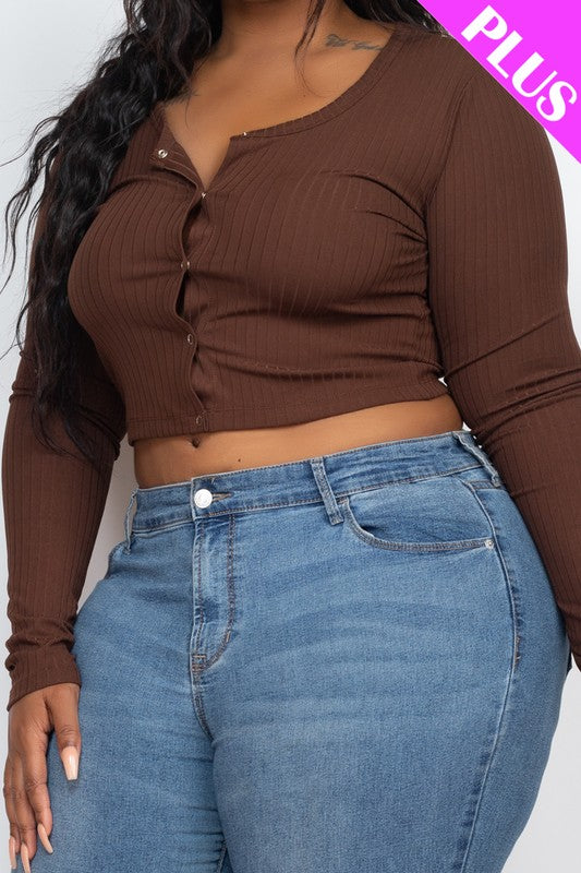 Plus Size Long Sleeve Snap Button Down Crop Top Plus Size/Plus Size Tops/Plus Size Long Sleeve Tops by Capella | Fleurcouture