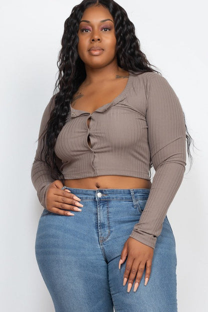 Plus Size Long Sleeve Snap Button Down Crop Top Taupe 1XL Plus Size/Plus Size Tops/Plus Size Long Sleeve Tops by Capella | Fleurcouture