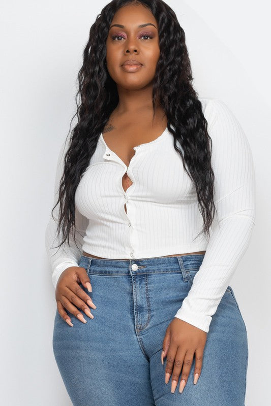 Plus Size Long Sleeve Snap Button Down Crop Top White 1XL Plus Size/Plus Size Tops/Plus Size Long Sleeve Tops by Capella | Fleurcouture