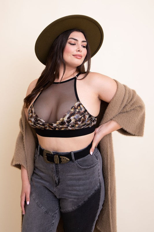 Plus Size Mesh Print High Neck Bralette Multi Brown XL by Leto Accessories | Fleurcouture