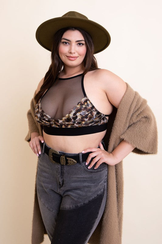 Plus Size Mesh Print High Neck Bralette Multi Brown XL by Leto Accessories | Fleurcouture