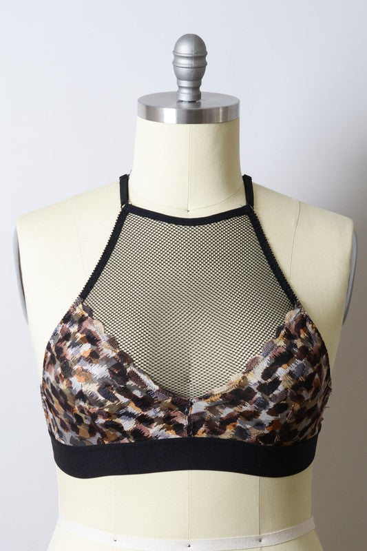 Plus Size Mesh Print High Neck Bralette Multi Brown XL by Leto Accessories | Fleurcouture