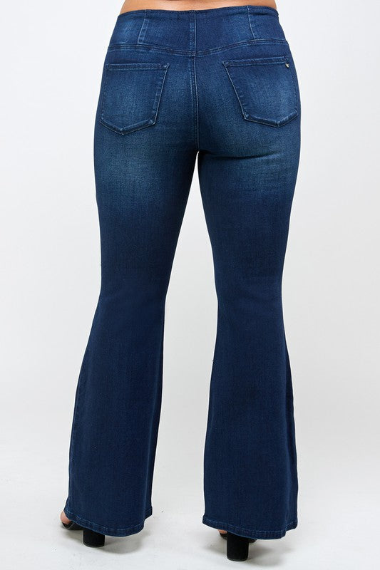 Plus Size Mid Rise Banded Wide Flare Jeans DARK by Denim Lab USA | Fleurcouture