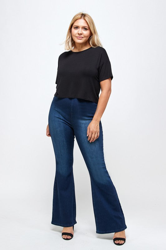 Plus Size Mid Rise Banded Wide Flare Jeans DARK by Denim Lab USA | Fleurcouture