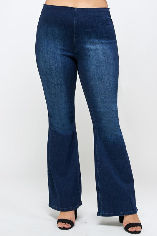 PLUS SIZE MID-RISE BANDED WIDER FLARE JEANS DARK by Insane Gene | Fleurcouture