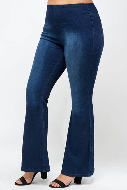 PLUS SIZE MID-RISE BANDED WIDER FLARE JEANS DARK by Insane Gene | Fleurcouture