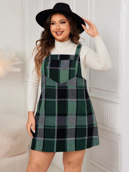 Plus Size Plaid Wide Strap Overall Dress Dark Green 1XL Women&