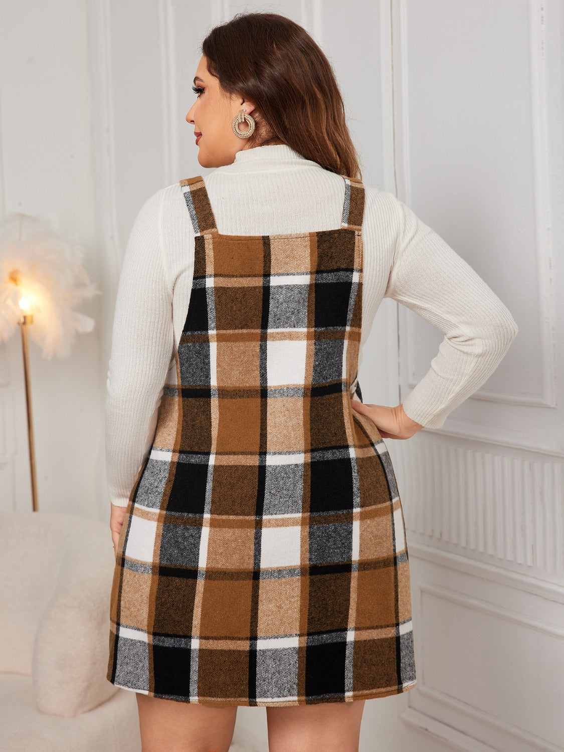 Plus Size Plaid Wide Strap Overall Dress Women&