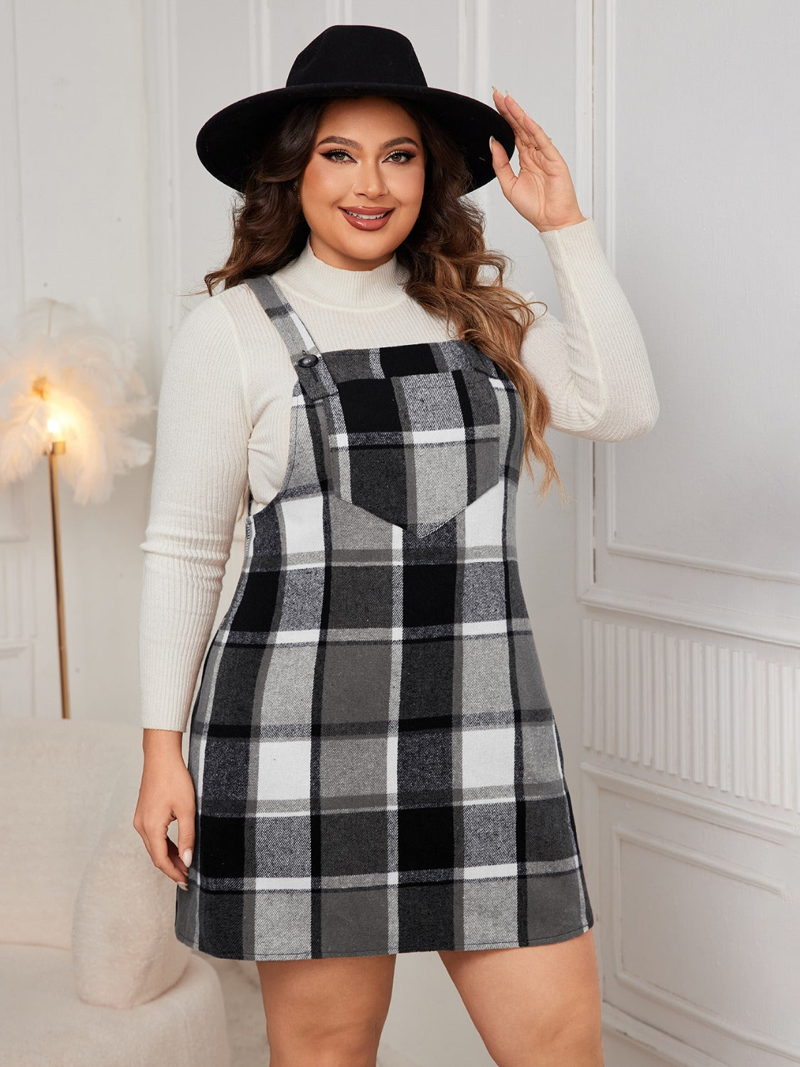 Plus Size Plaid Wide Strap Overall Dress Women&