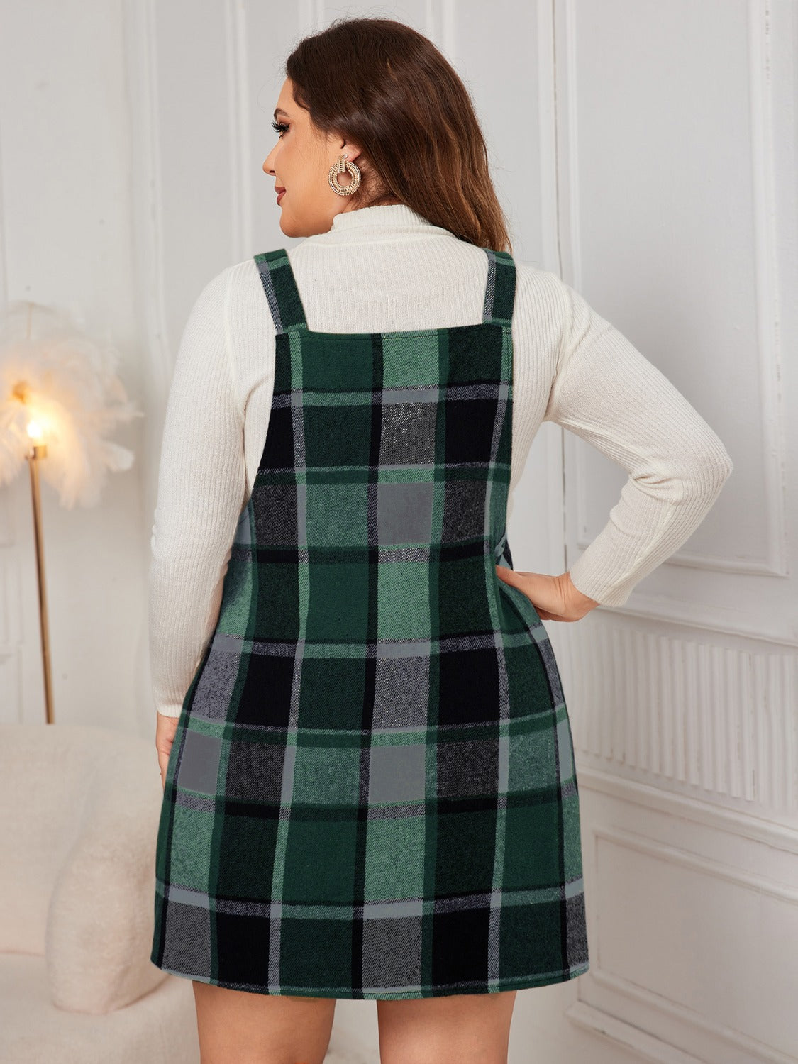 Plus Size Plaid Wide Strap Overall Dress Women&