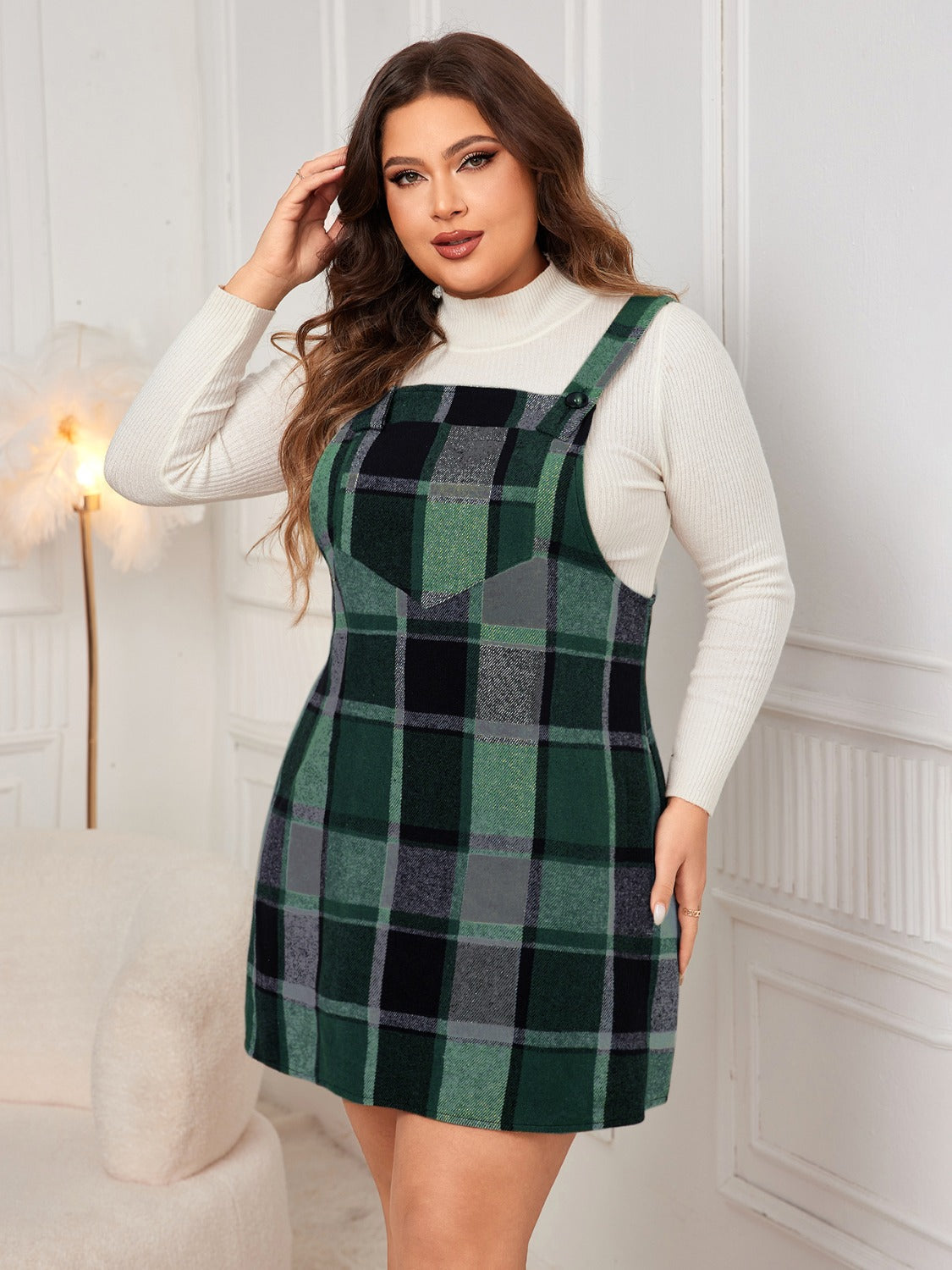 Plus Size Plaid Wide Strap Overall Dress Women&