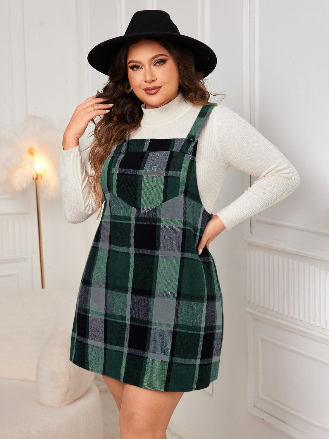 Plus Size Plaid Wide Strap Overall Dress Women&