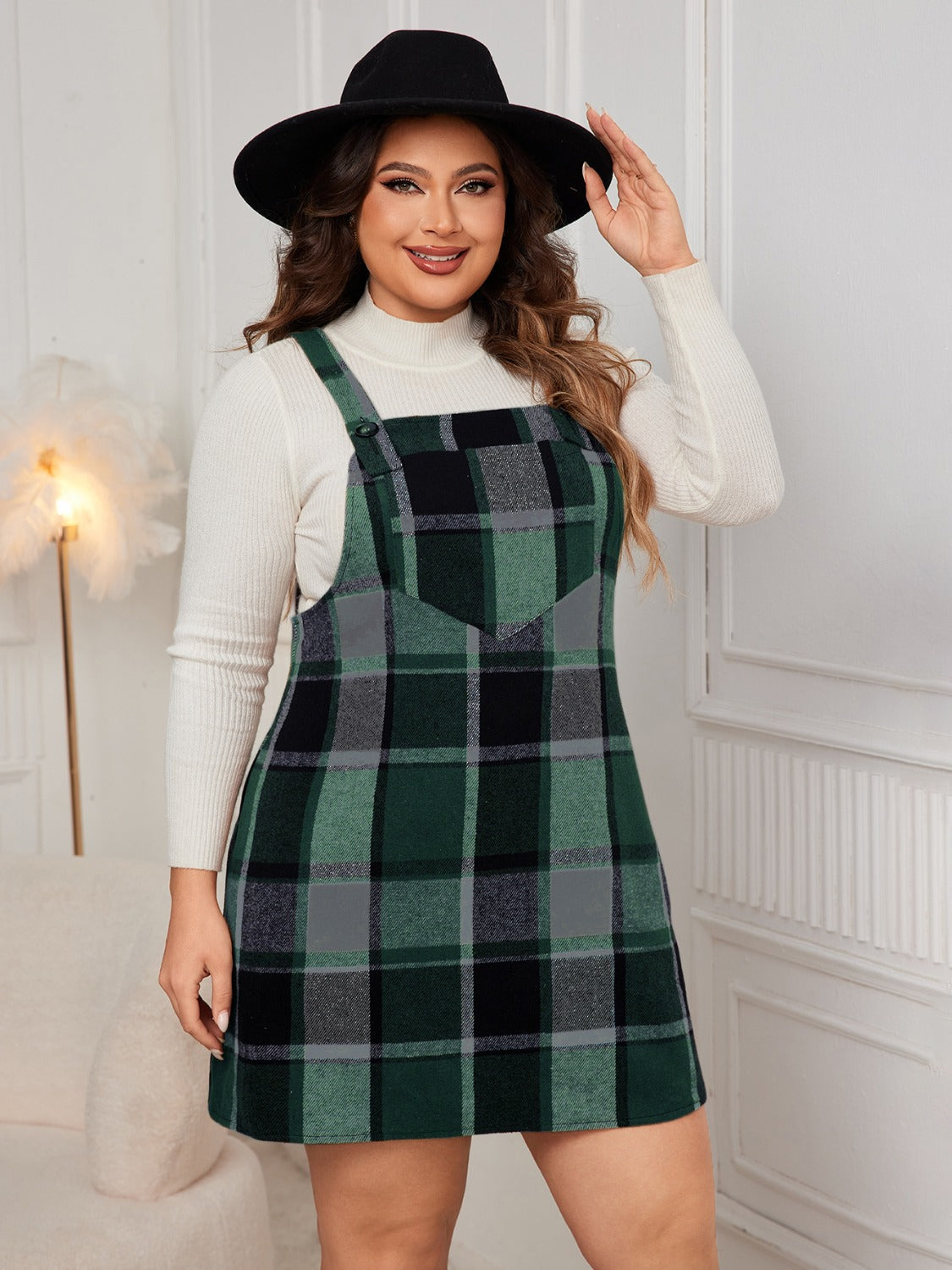 Plus Size Plaid Wide Strap Overall Dress Women&