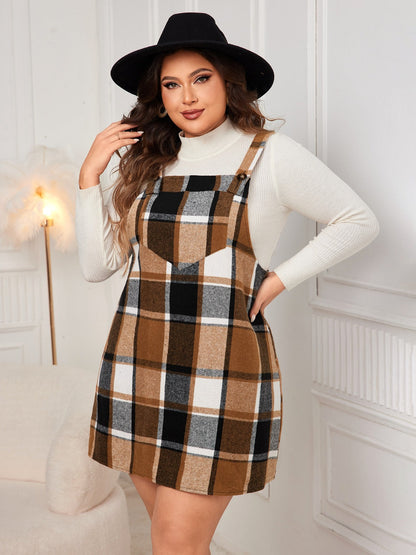 Plus Size Plaid Wide Strap Overall Dress Women&