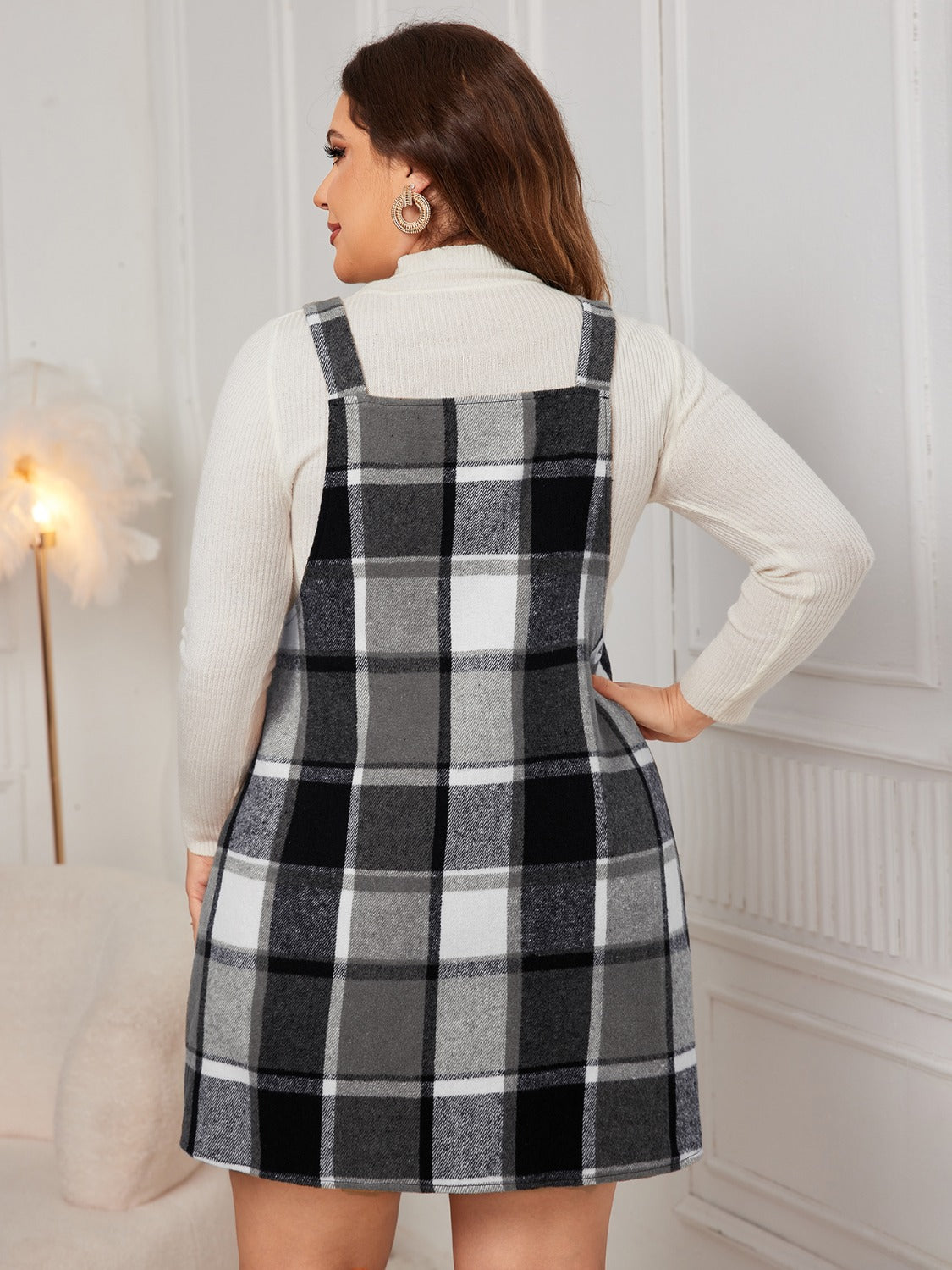 Plus Size Plaid Wide Strap Overall Dress Women&