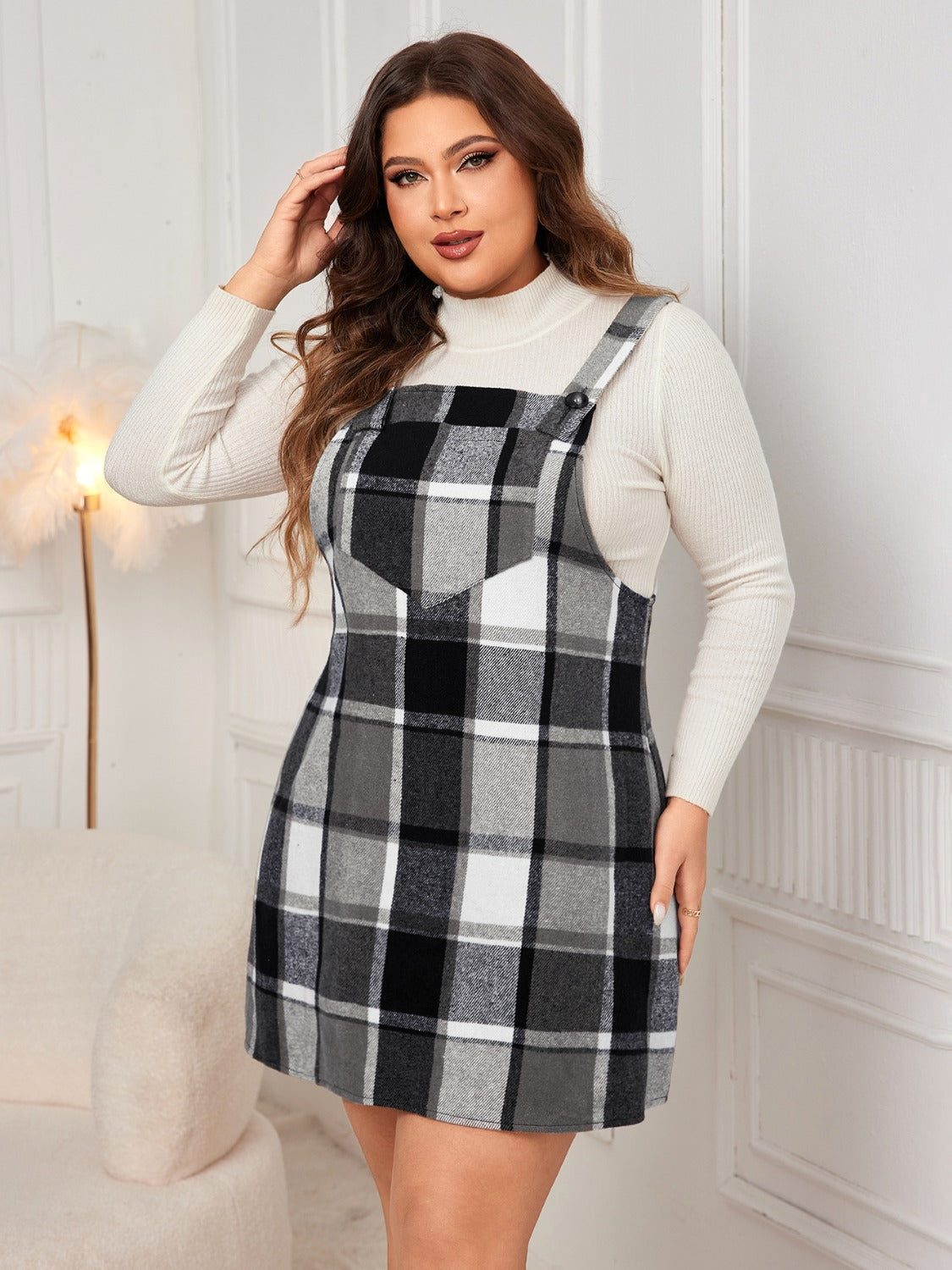 Plus Size Plaid Wide Strap Overall Dress Women&