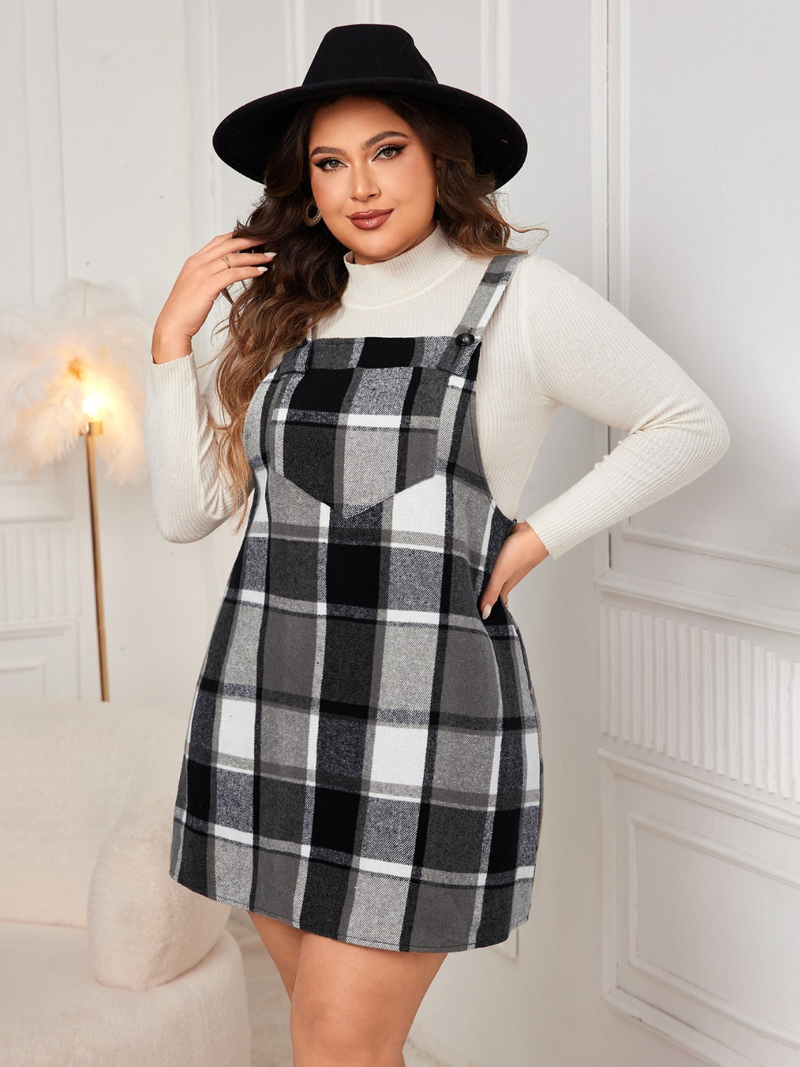 Plus Size Plaid Wide Strap Overall Dress Women&