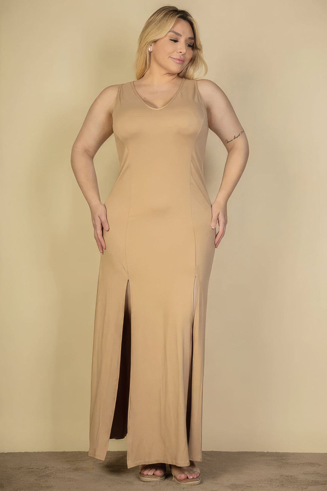 Plus Size Plunge Neck Thigh Split Maxi Dress Plus Size/Plus Size Dresses/Plus Size Mini Dresses by Fleurcouture | Fleurcouture