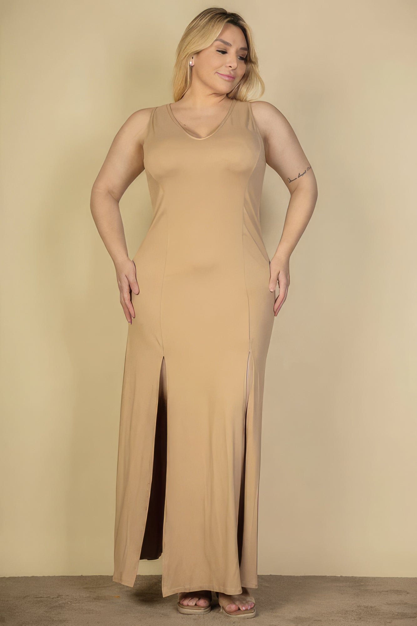 Plus Size Plunge Neck Thigh Split Maxi Dress Plus Size/Plus Size Dresses/Plus Size Mini Dresses by Fleurcouture | Fleurcouture