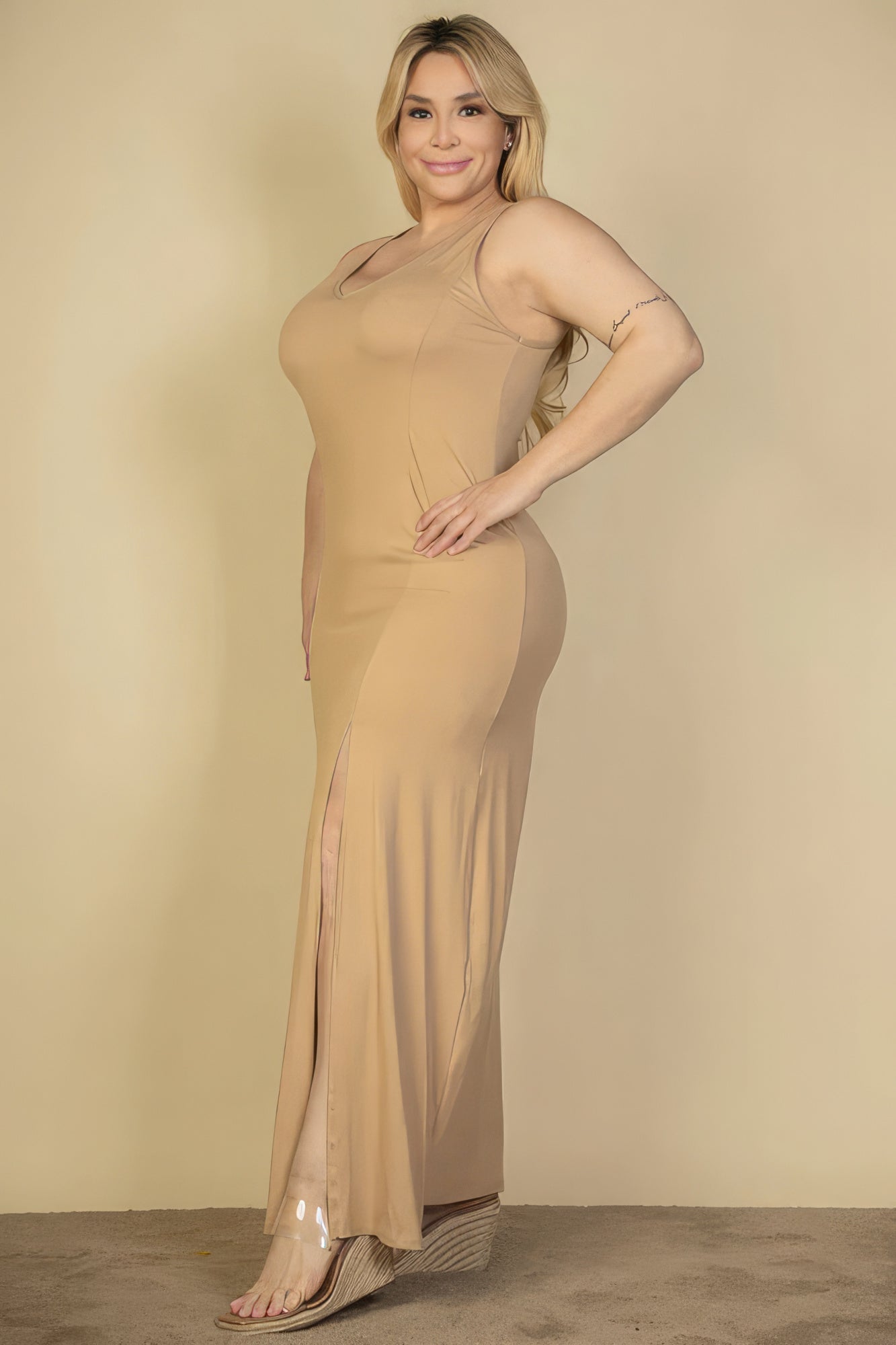 Plus Size Plunge Neck Thigh Split Maxi Dress Plus Size/Plus Size Dresses/Plus Size Mini Dresses by Fleurcouture | Fleurcouture