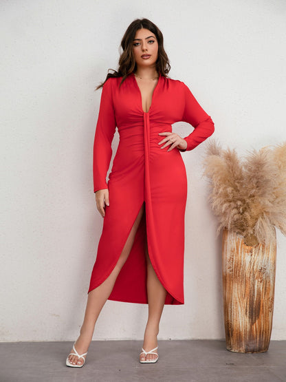 Plus Size Plunge Ruched Slit Dress Red 0XL Women&