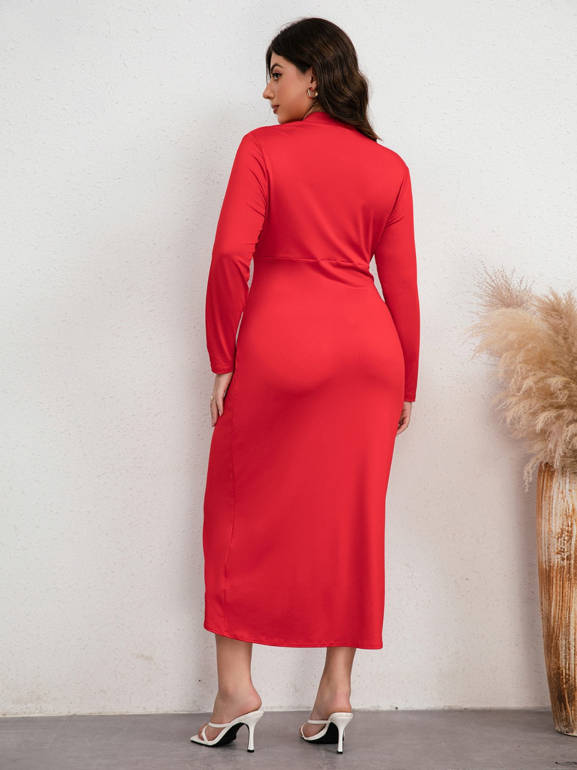 Plus Size Plunge Ruched Slit Dress Red Women&