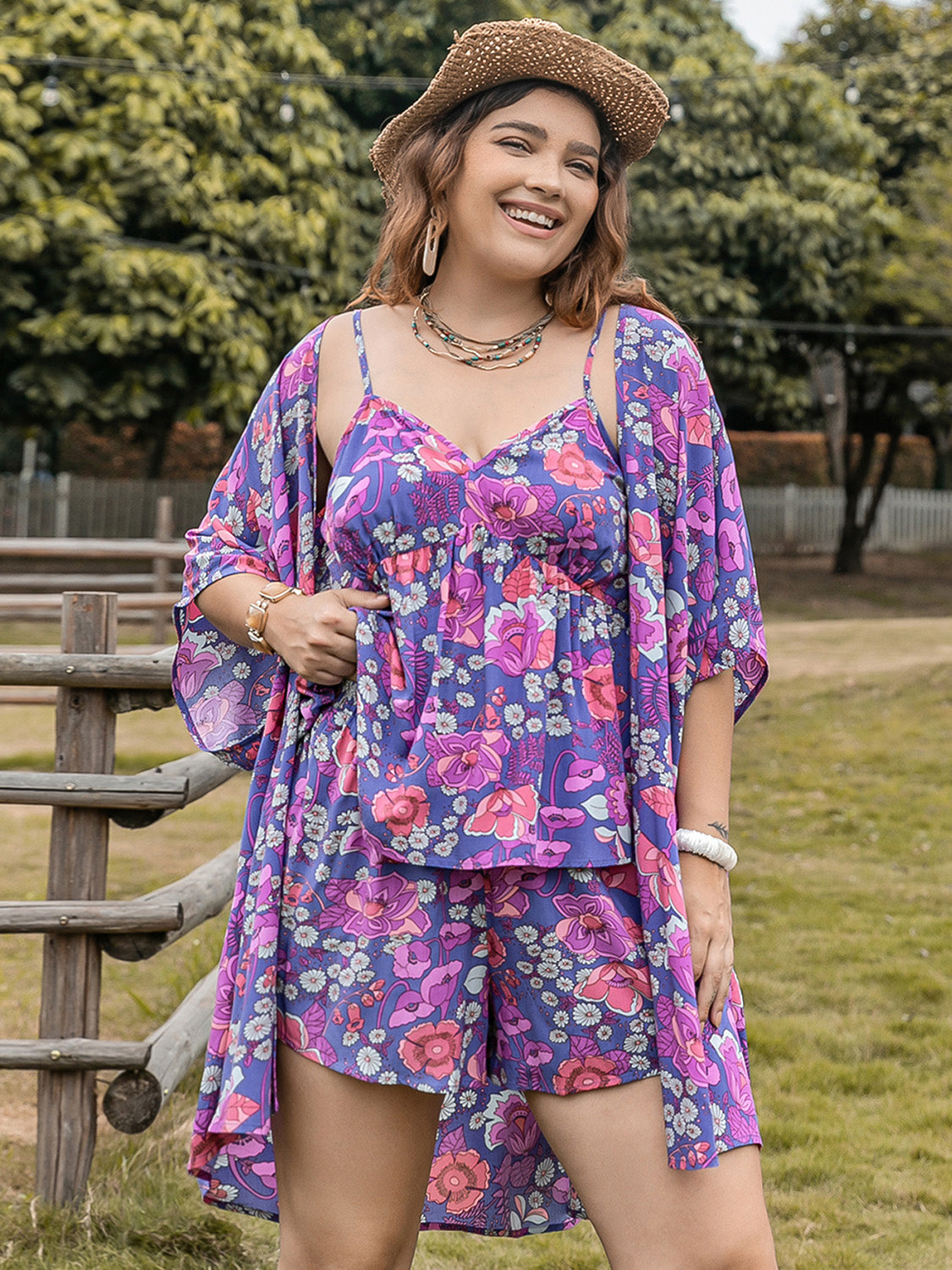 Plus Size Printed Cami, Open Front Cover Up and Shorts Set Vivid Violet 0XL Women&