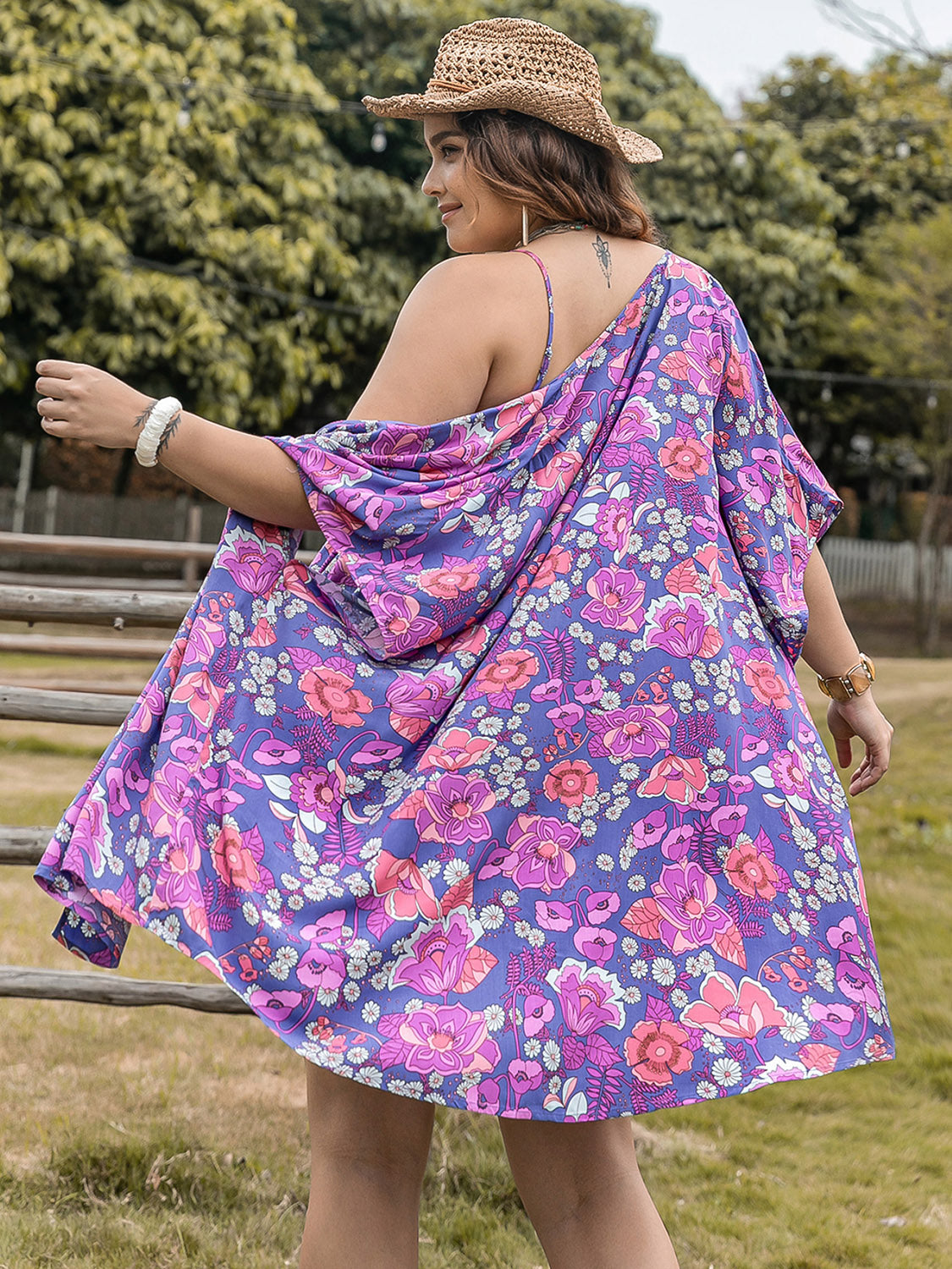 Plus Size Printed Cami, Open Front Cover Up and Shorts Set Vivid Violet Women&