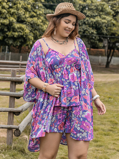 Plus Size Printed Cami, Open Front Cover Up and Shorts Set Vivid Violet Women&