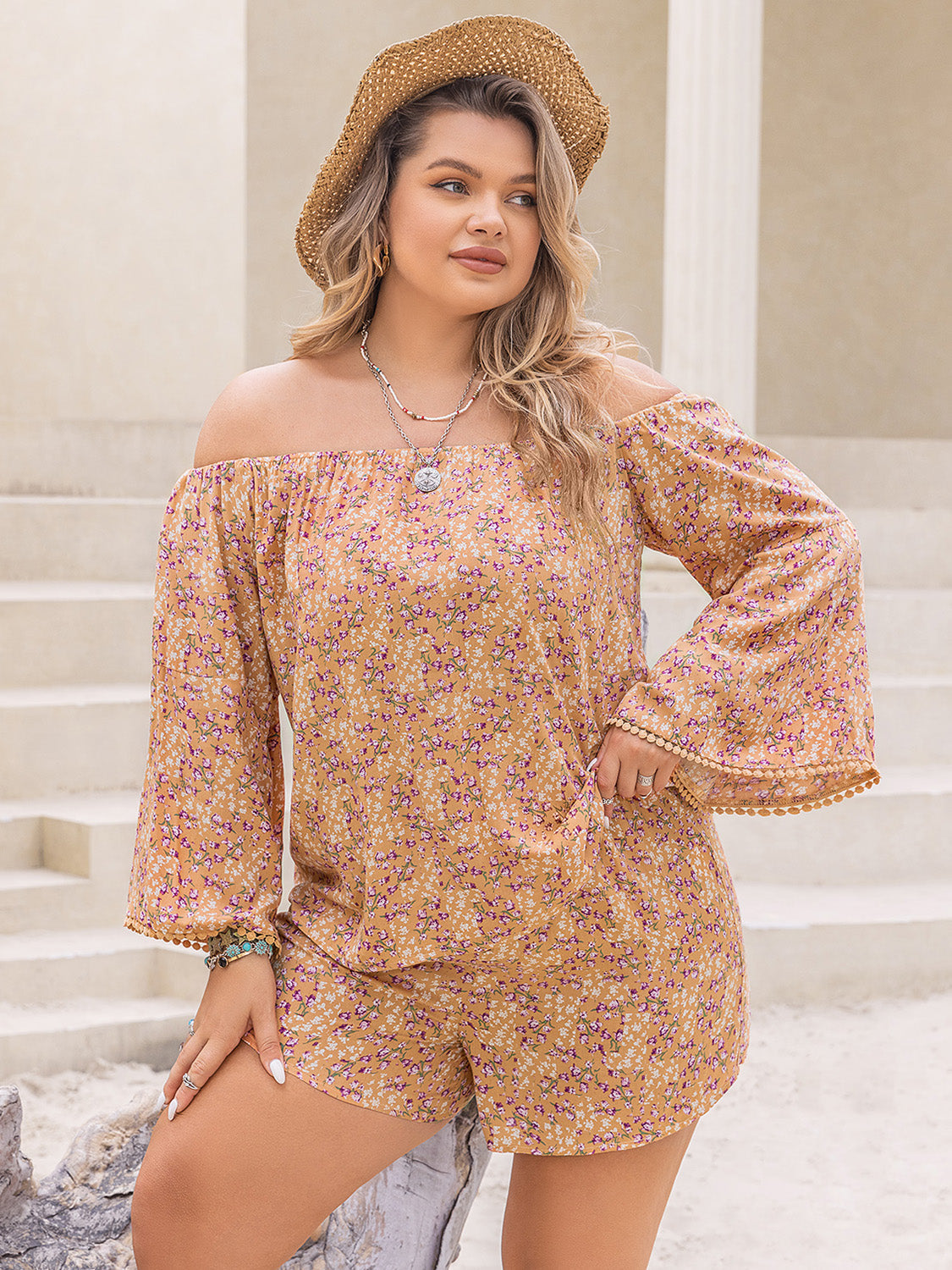 Plus Size Printed Off-Shoulder Top and Shorts Set Sherbet by Trendsi | Fleurcouture