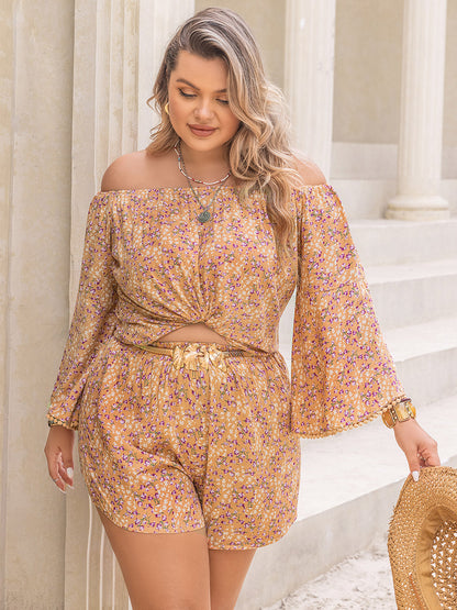 Plus Size Printed Off-Shoulder Top and Shorts Set Sherbet by Trendsi | Fleurcouture