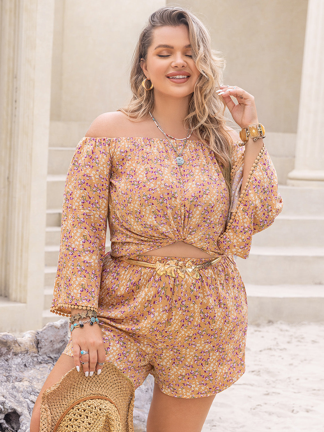 Plus Size Printed Off-Shoulder Top and Shorts Set Sherbet by Trendsi | Fleurcouture