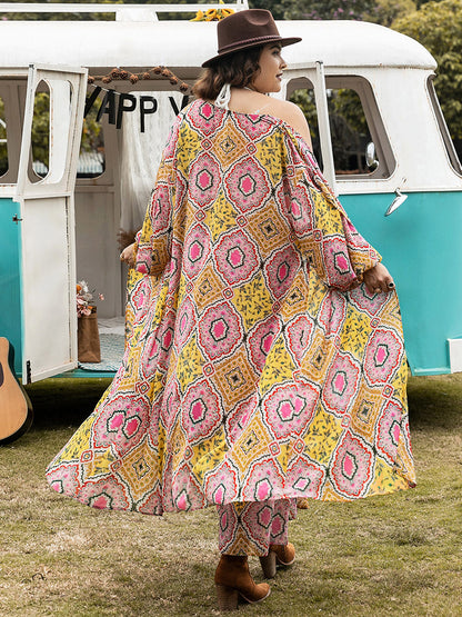 Plus Size Printed Open Front Cover Up and Pants Set Multicolor Plus Size by Trendsi | Fleurcouture