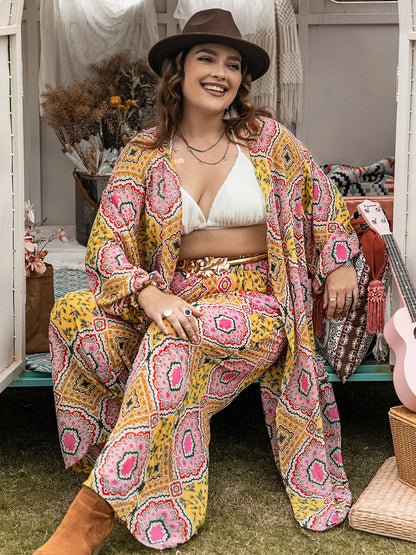 Plus Size Printed Open Front Cover Up and Pants Set Multicolor Plus Size by Trendsi | Fleurcouture