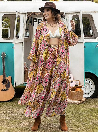 Plus Size Printed Open Front Cover Up and Pants Set Multicolor Plus Size by Trendsi | Fleurcouture