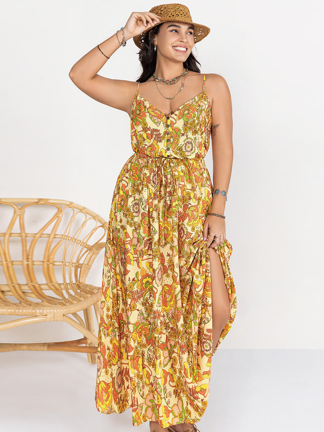 Plus Size Printed V-Neck Maxi Cami Dress Gold 0XL Dresses by Trendsi | Fleurcouture