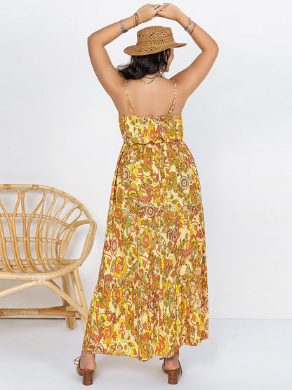 Plus Size Printed V-Neck Maxi Cami Dress Gold Dresses by Trendsi | Fleurcouture