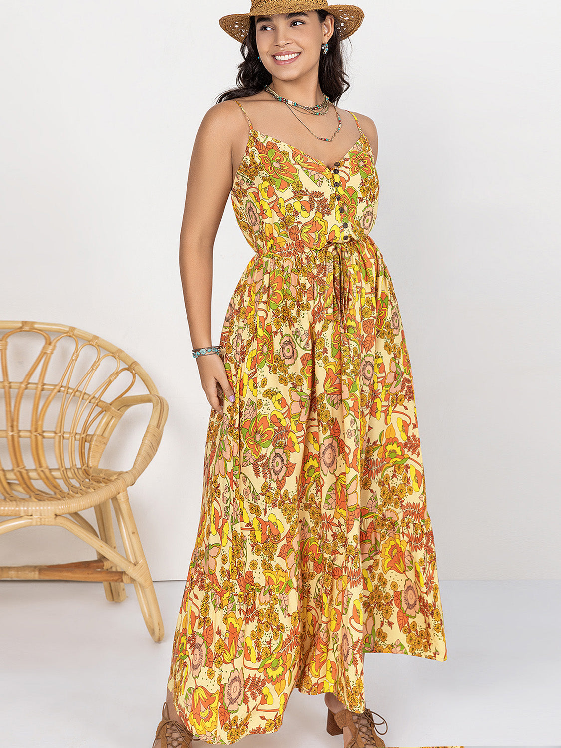 Plus Size Printed V-Neck Maxi Cami Dress Gold Dresses by Trendsi | Fleurcouture